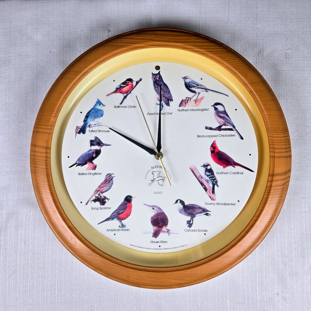 Vtg 90s National Audubon Society Singing Bird Clock 13" Oak Colored Frame TESTED